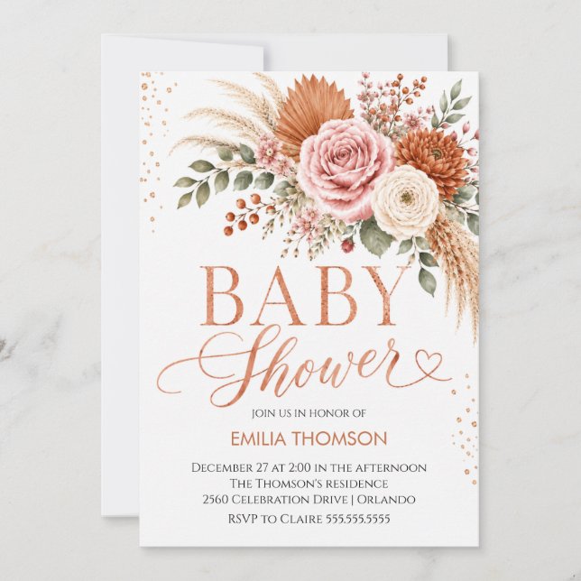 Boho Terracotta Floral Baby Shower Invitation (Front)