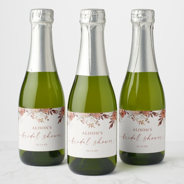 Boho Terracotta Floral Bridal Shower Sparkling Wine Label (Bottles)