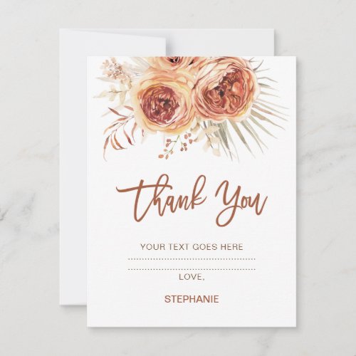 Boho Terracotta Floral Bridal Shower Thanks Card - Boho Terracotta Floral Bridal Shower Thank You Card

Modern floral bohemian bridal shower thank you card featuring a lovely burnt orange floral arrangement with palm leaf and a modern terracotta colored calligraphy heading.  The back is a faux foil texture also in a deep burnt orange. 