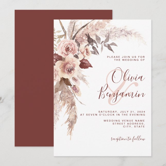 Boho Terracotta Floral Champagne Neutral Wedding Invitation (Front/Back)