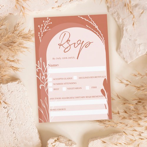 Boho terracotta floral chic script arch wedding invitation