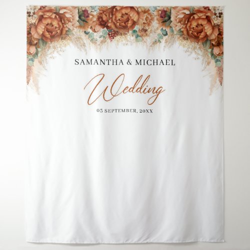 Boho terracotta floral copper pampas grass wedding tapestry