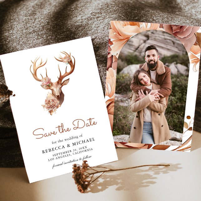 Boho Terracotta Floral Deer Photo Wedding Save The Date (Creator Uploaded)