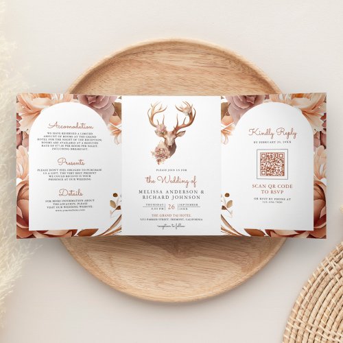 Boho Terracotta Floral Deer QR Code Wedding Tri_Fold Invitation