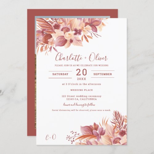 Boho terracotta floral desert pampas photo wedding invitation