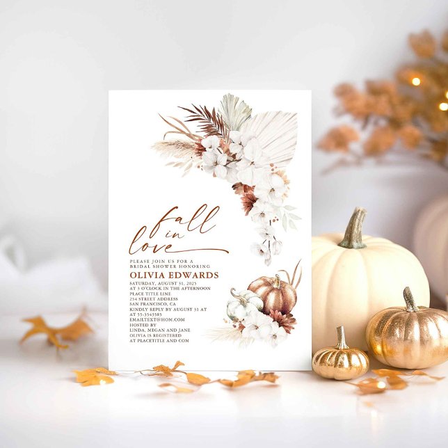 Boho Terracotta Floral Fall in Love Bridal Shower Invitation (Fall in Love Gold Pumpkins and White Orchids Bridal Shower Invitations)