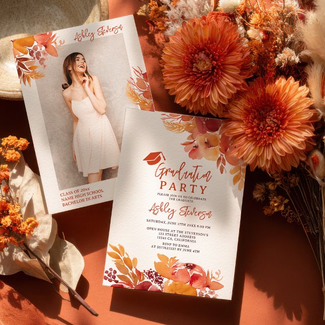 Boho Terracotta Floral Graduation Script Photo Invitation (Boho Terracotta Floral Graduation Script Photo Invitation)