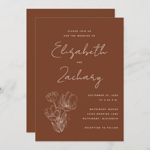 Boho Terracotta Floral Line Art Wedding Invitation