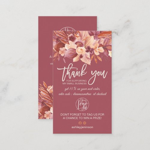 Boho terracotta floral logo order thank you busine business card