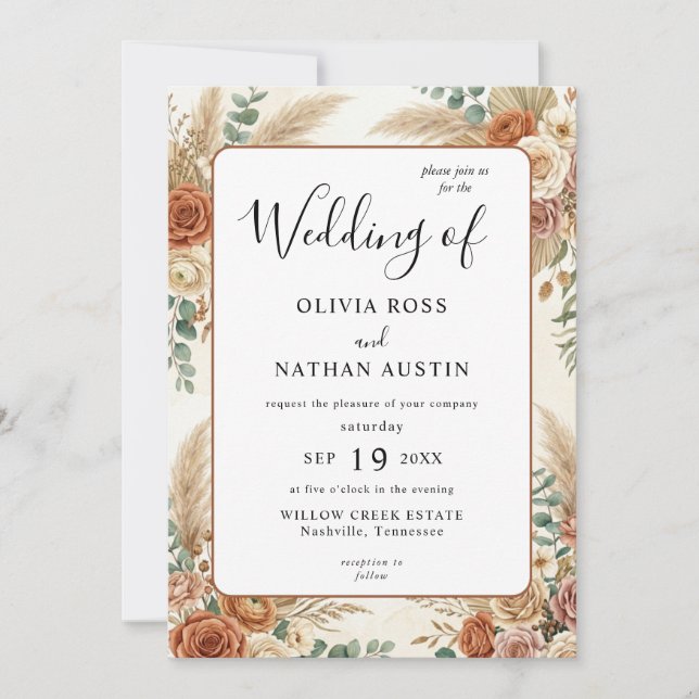 Boho Terracotta Floral Luxury Wedding Invitation (Front)