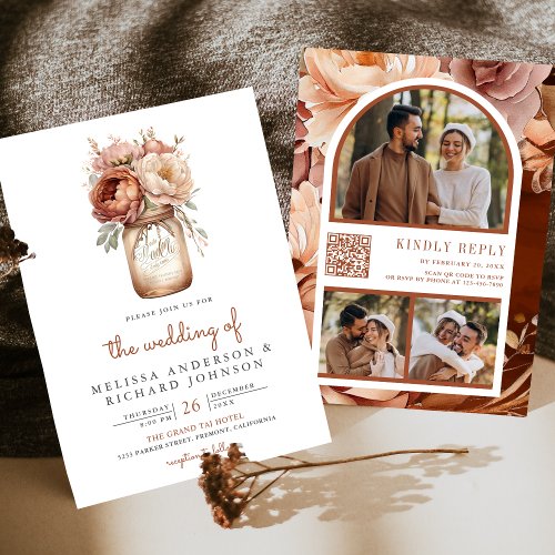 Boho Terracotta Floral Mason Jar QR Code Wedding Invitation