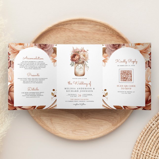 Boho Terracotta Floral Mason Jar QR Code Wedding Tri-Fold Invitation (Creator Uploaded)