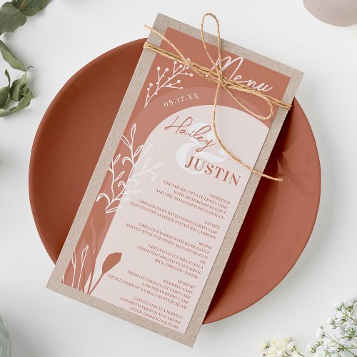 Boho terracotta floral names script arch wedding menu