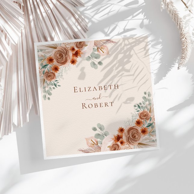 Boho Terracotta Floral Pampas Grass Wedding Napkins (Boho Terracotta Floral Pampas Grass Wedding Napkins on a sunny table with boho white dry botanicals)