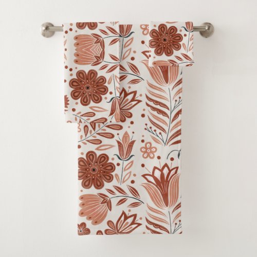 Boho Terracotta Floral Pattern Bath Towel Set