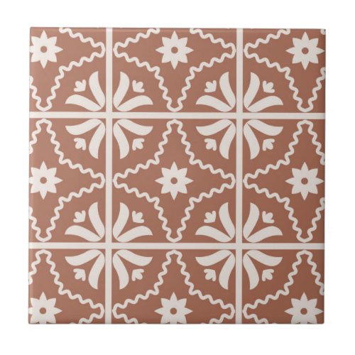 Boho Terracotta Floral Pattern Ceramic Tile
