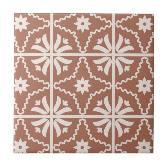 Boho Terracotta Floral Pattern Ceramic Tile (Front)