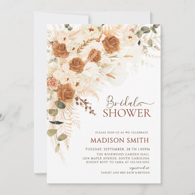 Boho Terracotta Floral QR Code Bridal Shower Invitation (Front)