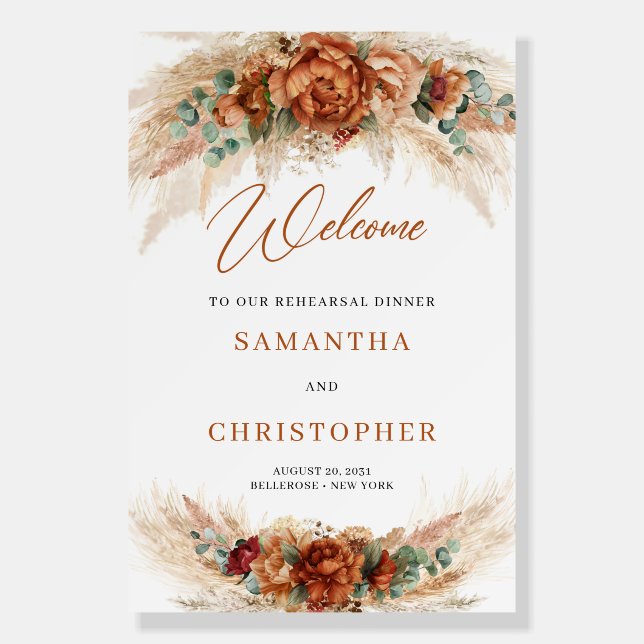 Boho terracotta floral rehearsal dinner welcome foam board (Front)