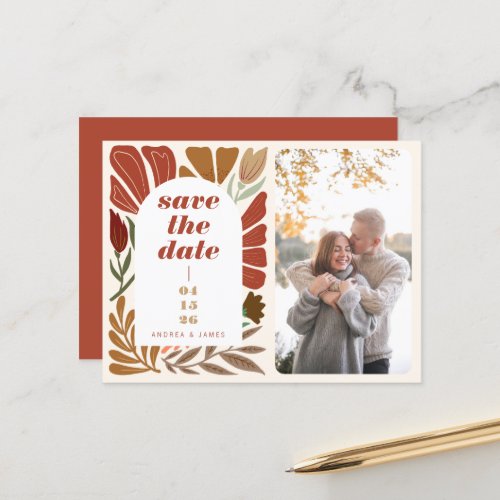 Boho Terracotta Floral Save the Date Wedding Photo Announcement Postcard