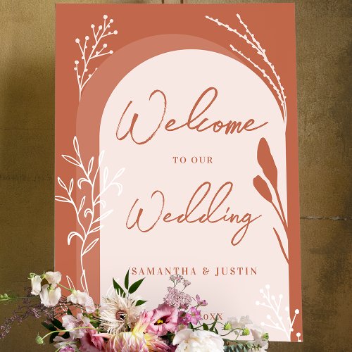 Boho terracotta floral script arch wedding welcome foam board