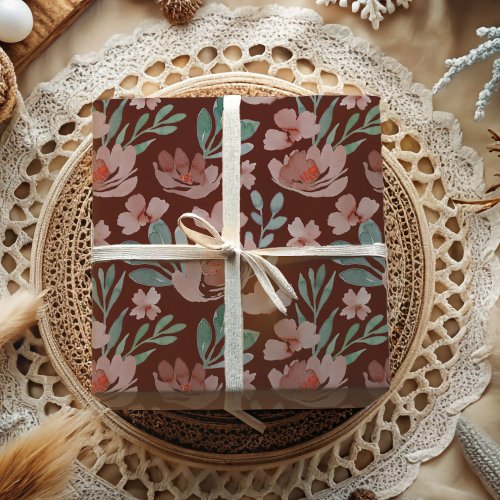 Boho Terracotta Floral Watercolor Pattern Wrapping Wrapping Paper Sheets