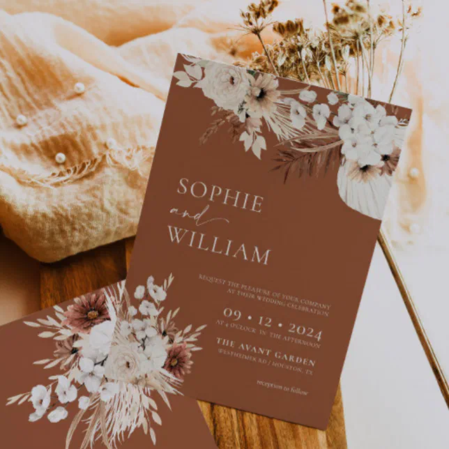 Boho Terracotta Floral Wedding Invitation | Zazzle