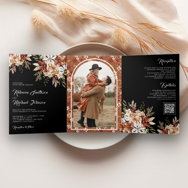 Boho Terracotta Floral Wildflower Black Wedding Tri-Fold Invitation (Creator Uploaded)