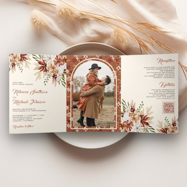 Boho Terracotta Floral Wildflower Cream Wedding Tri-Fold Invitation (Creator Uploaded)