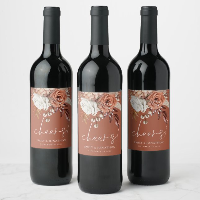 Boho Terracotta Florals Cheers Names Brown Wedding Wine Label (Bottles)
