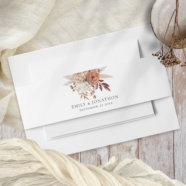Boho Terracotta Florals Names Date Wedding  Invitation Belly Band (Creator Uploaded)