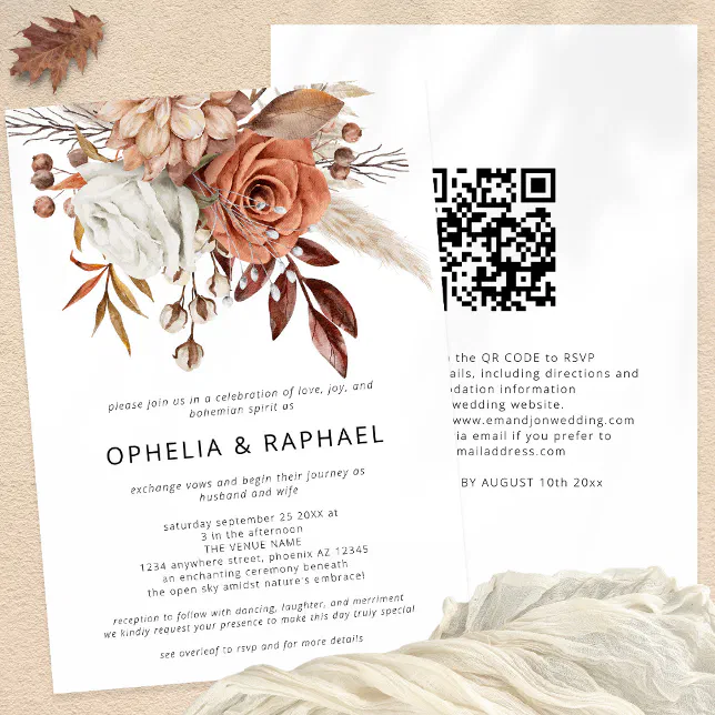 Boho Terracotta Florals QR Code Bohemian Wedding Invitation | Zazzle