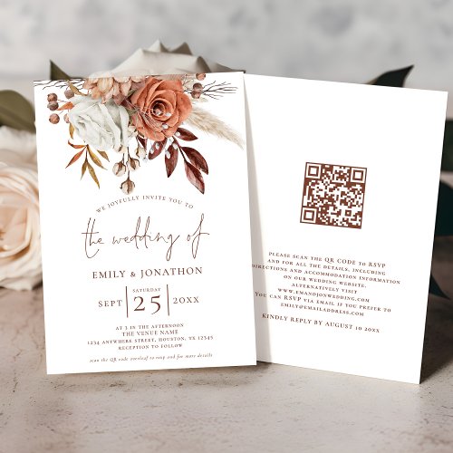 Boho Terracotta Florals QR Code Wedding Invitation