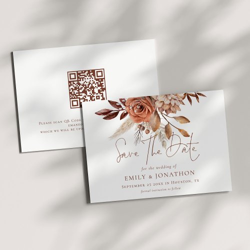 Boho Terracotta Florals QR Code Wedding Save The Date