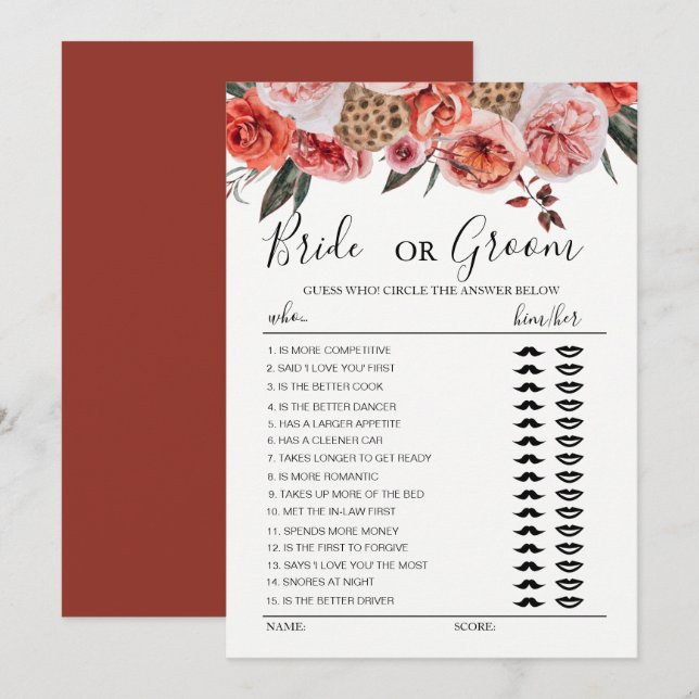 Boho terracotta flowers bride or groom game invitation (Front/Back)