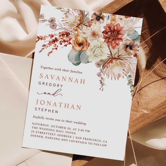Boho Terracotta Flowers Fall Wedding Invitation (Creator Uploaded)