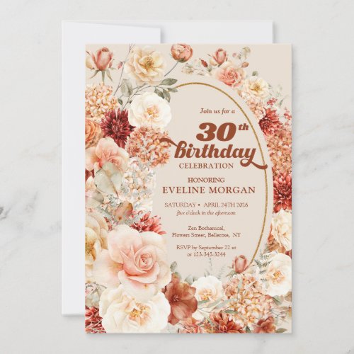 Boho terracotta flowers groovy 30th birthday invitation