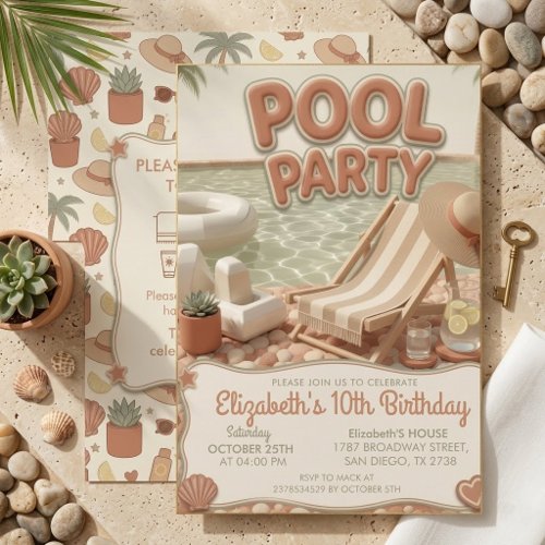 Boho Terracotta Girls 10th Birthday Pool Party Invitation