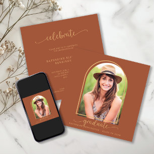 Boho Terracotta Gold Arch Photo Graduation Invitation