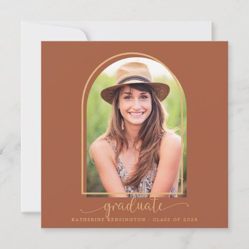 Boho Terracotta Gold Arch Photo Graduation Invitation