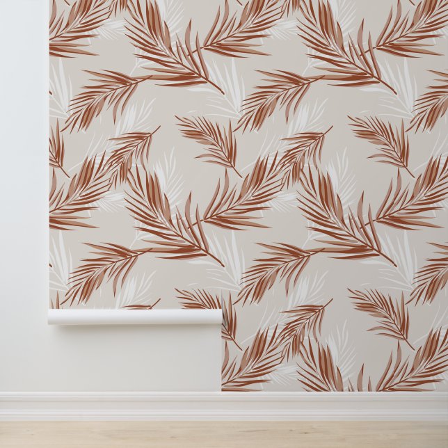 Boho Terracotta Gray Leaf Print Pattern Wallpaper (Application)