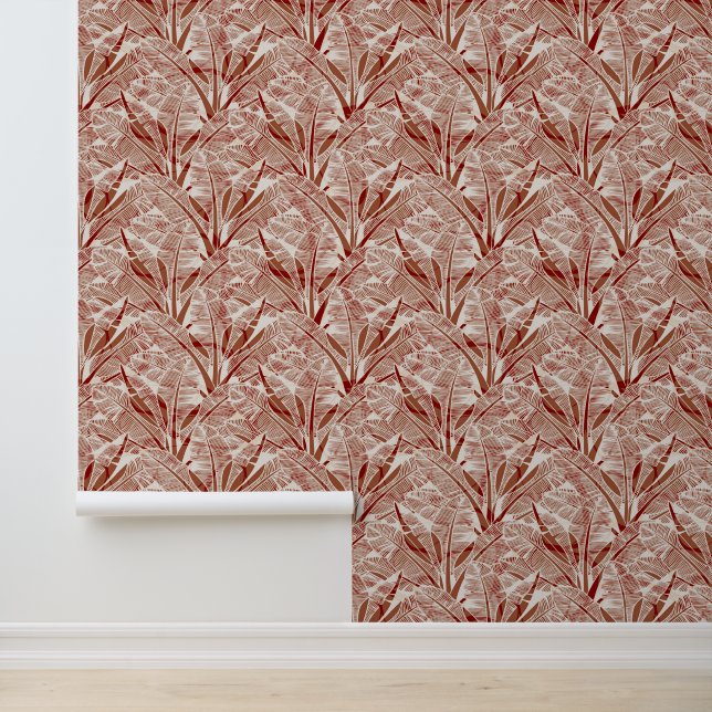Boho Terracotta Gray Leaf Print Pattern Wallpaper (Application)