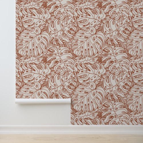 Boho Terracotta Gray Palm Leaf Print Pattern Wallpaper