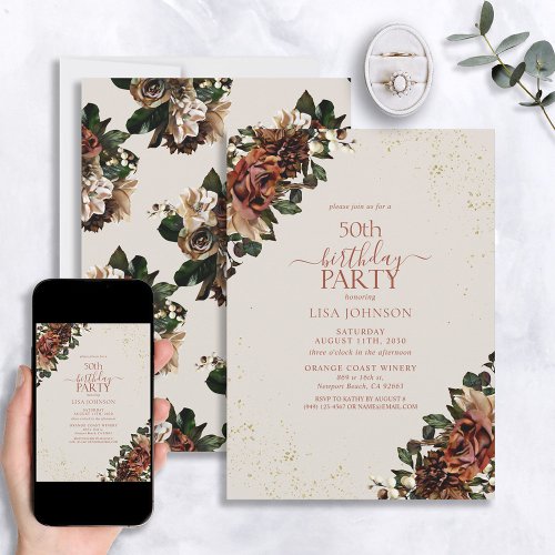 Boho Terracotta Greenery Floral 50th Birthday Invitation