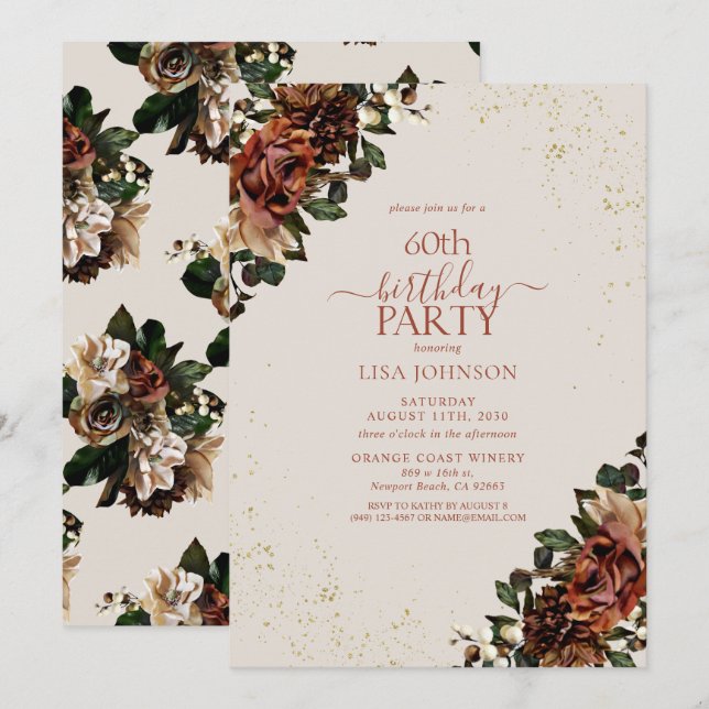 Boho Terracotta Greenery Floral 60th Birthday Invitation (Front/Back)