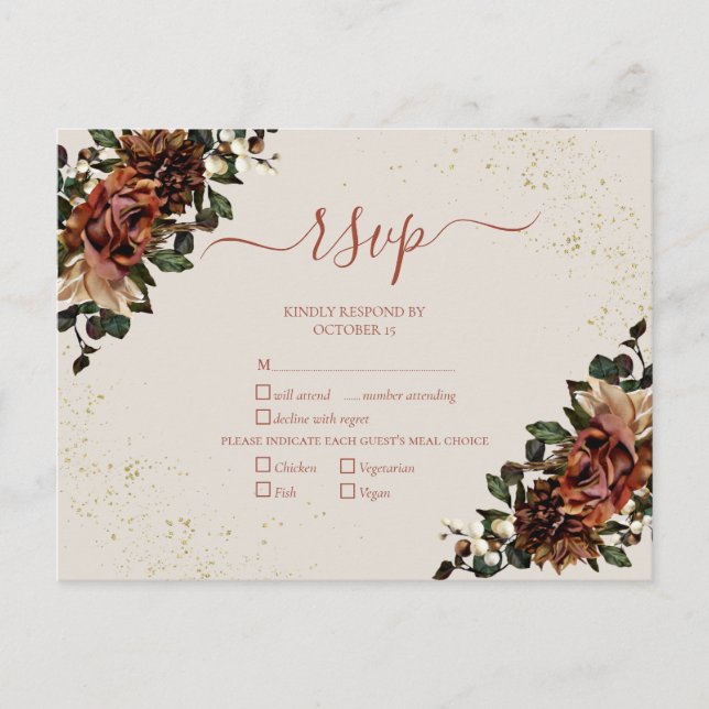Boho Terracotta Greenery Floral Gold RSVP Invitation Postcard (Front)