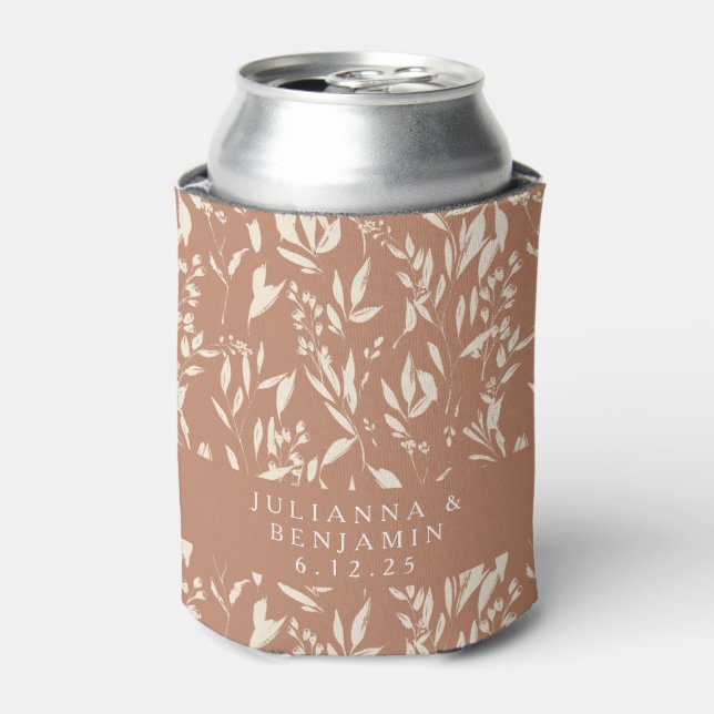 Boho Terracotta Hand Drawn Floral Wedding Custom Can Cooler (Can Front)