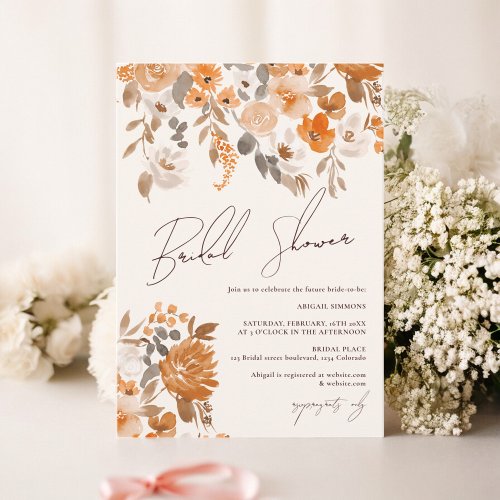 Boho terracotta hand painted floral bridal shower invitation