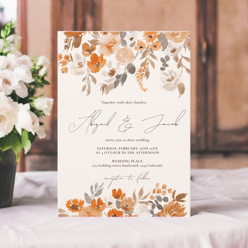Boho terracotta hand painted floral wedding invitation