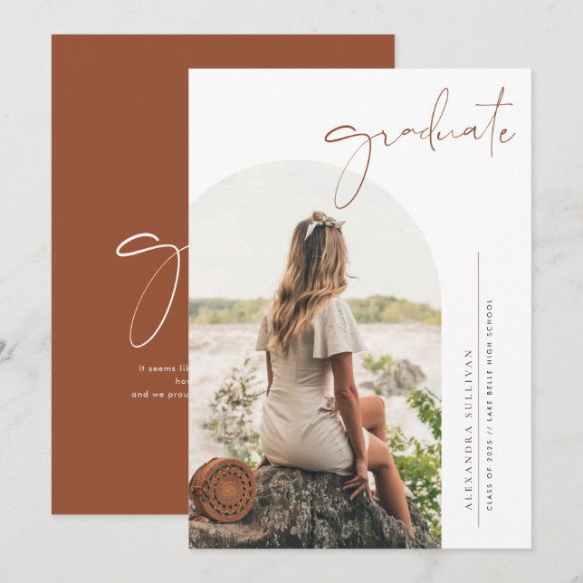 Boho Terracotta Minimalist Arch Photo Graduation Announcement (Front/Back)